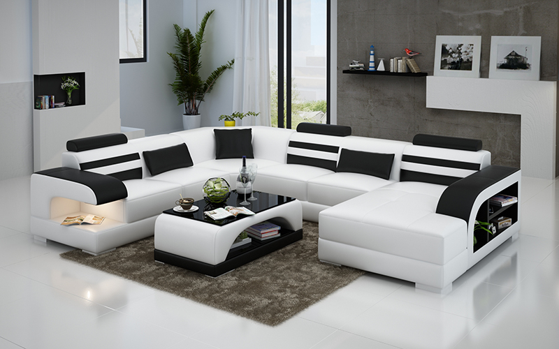 Linda design U- soffa vit med svarta detaljer
